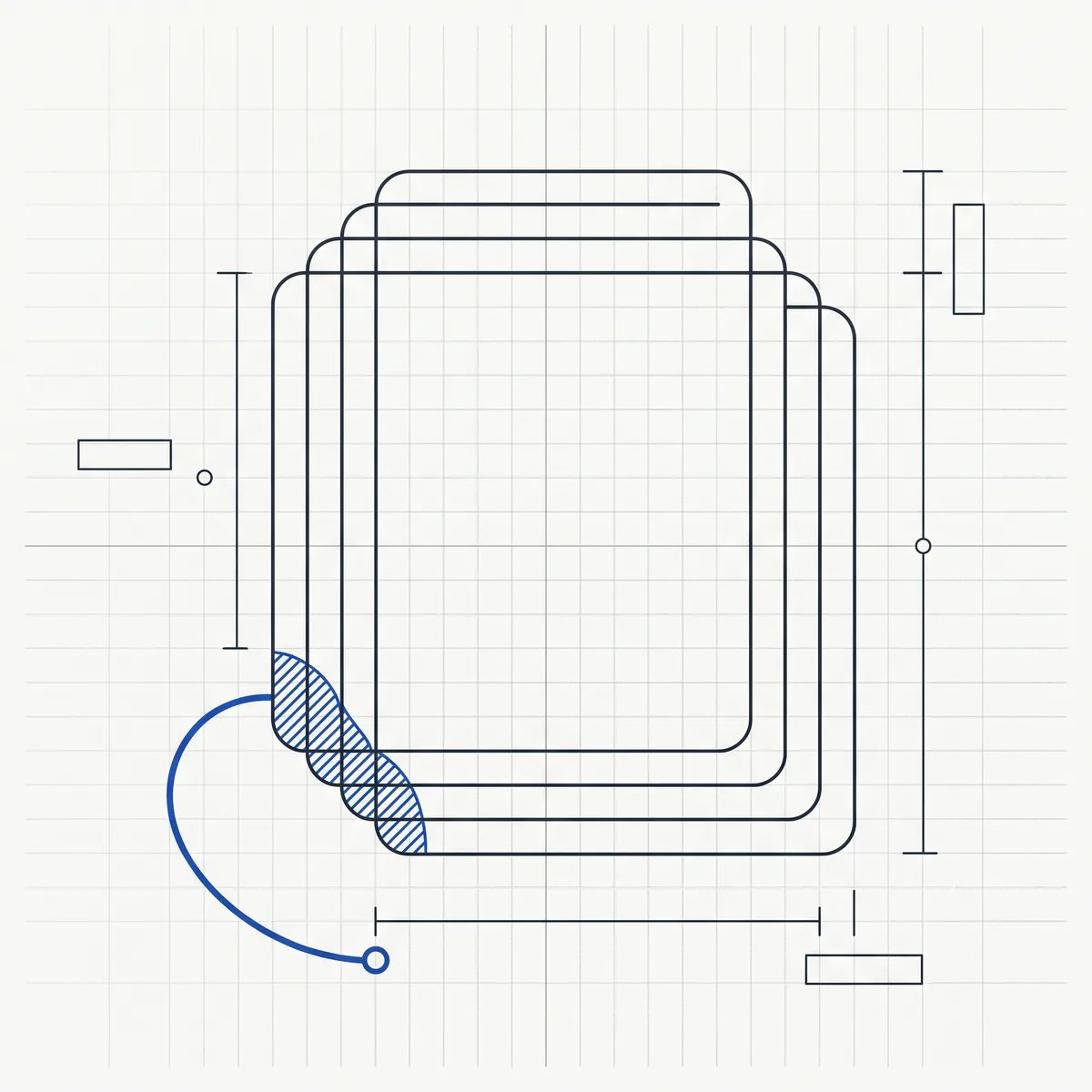 Three tracings of the same rounded rectangle, slightly offset; where they fail to overlap the gap is hatched in cobalt, and one cobalt line leaves the gap to a small hollow node.