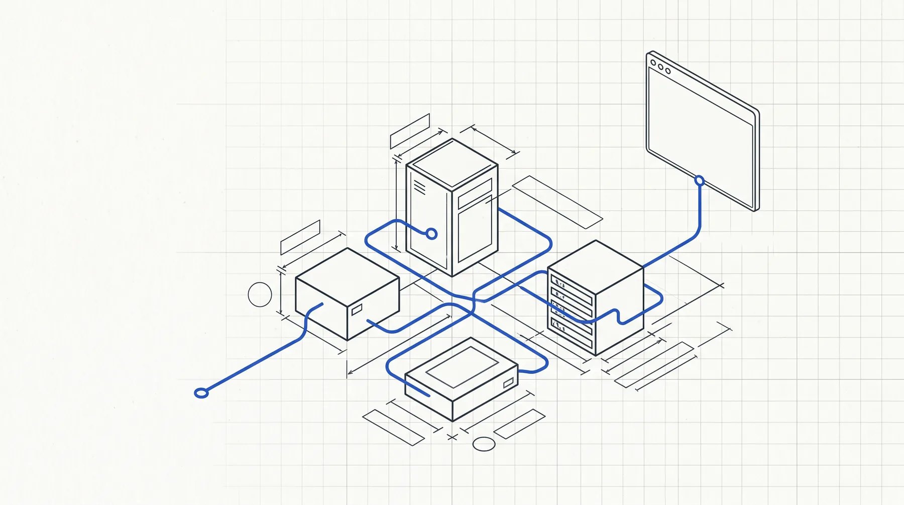 Isometric line drawing of four outlined boxes joined in a simple topology, with one cobalt line entering from the left, passing through each box, and ending at an empty browser window.